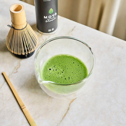 Moya glass matcha bowl with pouring spout for easy matcha preparation and serving
