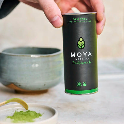 Moya Matcha Traditional 30g organic Japanese matcha green tea powder in a resealable tin