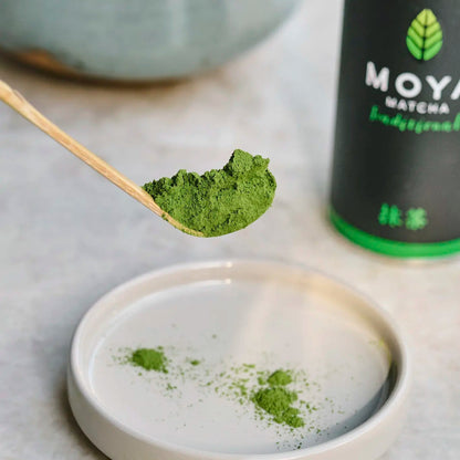 Moya Matcha Traditional 30g organic Japanese matcha green tea powder in a resealable tin