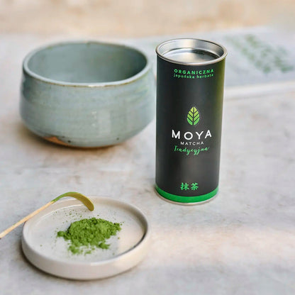 Moya Matcha Traditional 30g organic Japanese matcha green tea powder in a resealable tin