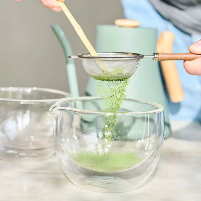 Moya glass matcha bowl with pouring spout for easy matcha preparation and serving