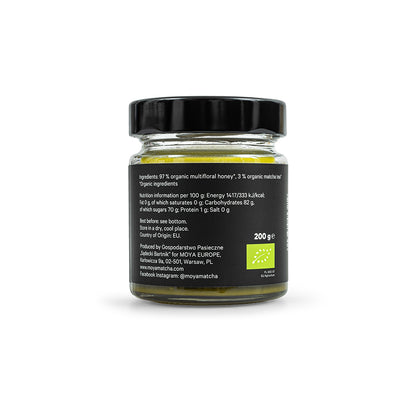 Organic honey infused with Moya matcha for a sweet, earthy spread or natural sweetener