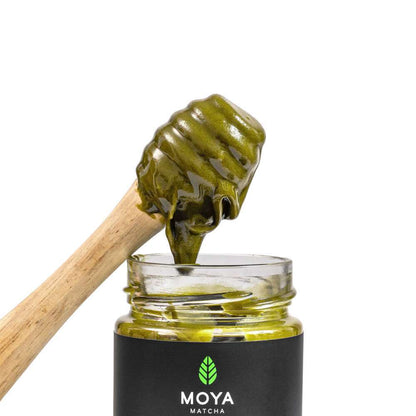 Organic honey infused with Moya matcha for a sweet, earthy spread or natural sweetener