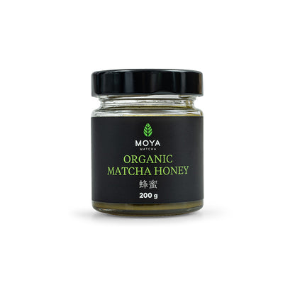 Organic honey infused with Moya matcha for a sweet, earthy spread or natural sweetener