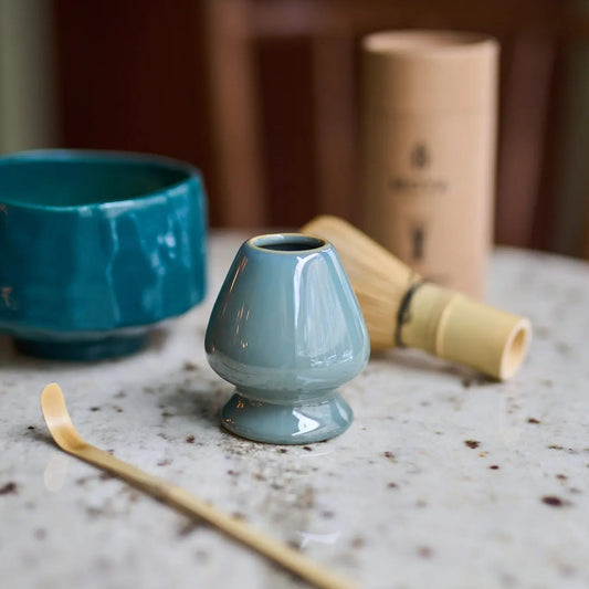 Moya gray green ceramic matcha whisk holder for maintaining chasen form and longevity