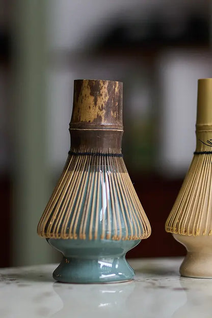 Moya gray green ceramic matcha whisk holder for maintaining chasen form and longevity